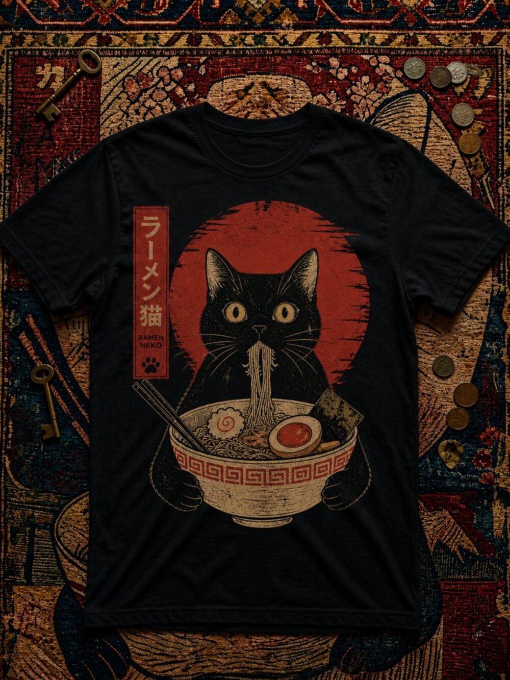 Vintage Japanese Ramen Cat Graphic T-Shirt Unisex Cotton Streetwear Y2K Tee